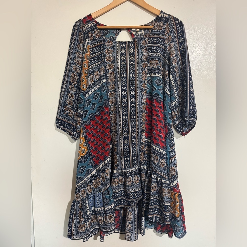 Hayden Los Angeles Bohemian Patchwork Patterned Mini Dress Tunic Size Small